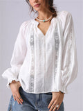 Women's French Style White V-Neck Puffed Sleeve Shirt