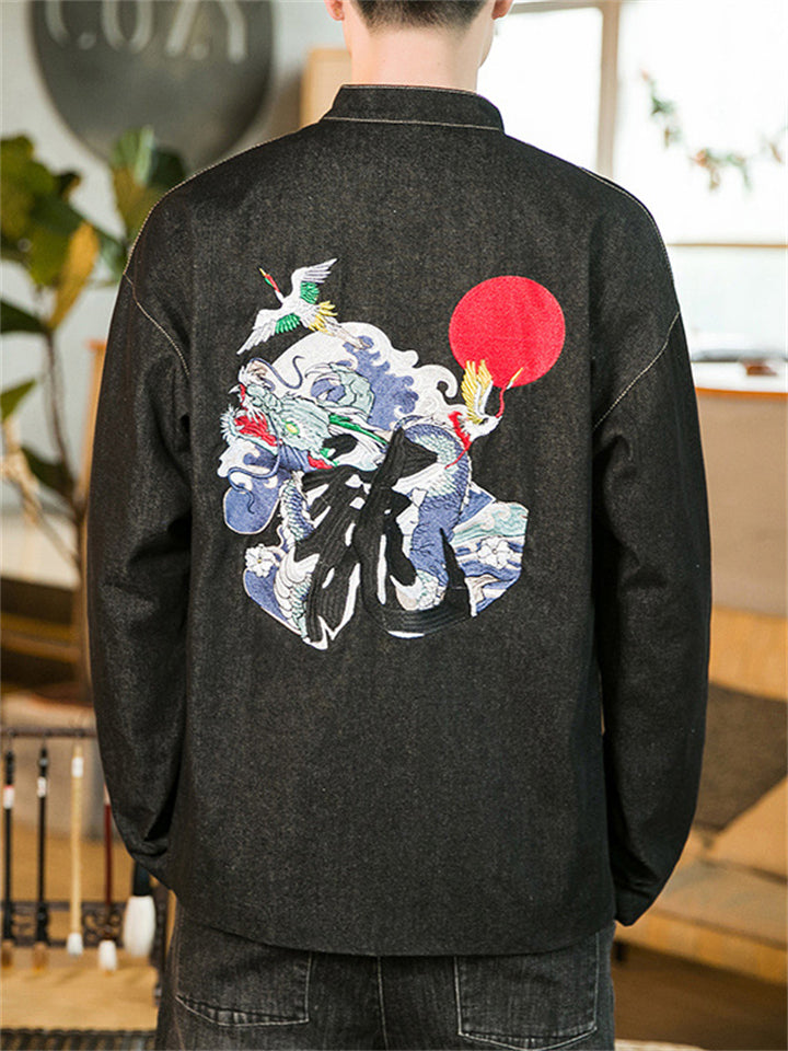 Men's Chinese Style Stand Collar Knot Button Embroidery Denim Jacket