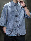 Chinese Style Retro Stand Collar Frog Button 3/4-sleeved Denim Shirt