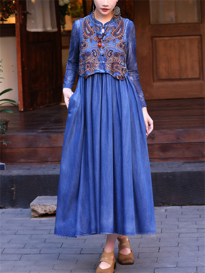 Women's O-neck Sleeveless Floral Embroidery Denim Tank Dress