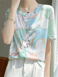 Summer Casual Print Round Neck Button Up T-Shirts for Women