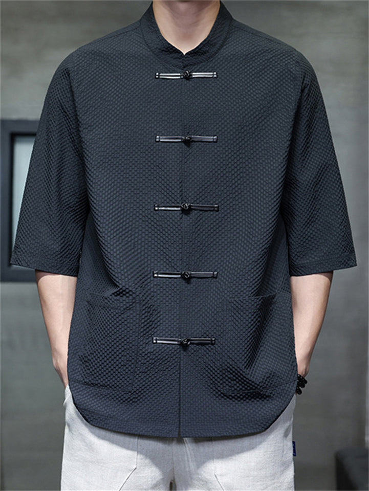Men's Retro Chinese Style Waffle Solid Color Short Sleeve Shirt