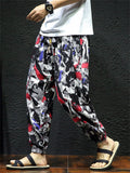 Men's Cotton Linen Print Drawstring Jogger Pants