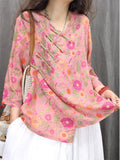 Women's Flowers Print Slant Placket 3/4 Sleeve Shirts