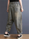 Retro Letter Graffiti Print Light Blue Jeans for Women
