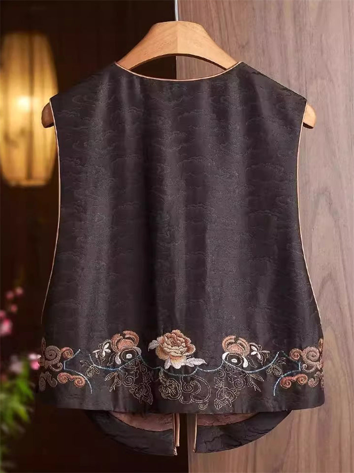 Women's Retro Chinese Style Coffee Flowers Embroidered Lace Up Vest