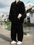 Men's 2Pcs Autumn Chinese Loong Printed Velvet Frog Button Long Sleeve Outfits