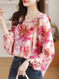 Korean Style Floral Print Round Neck Puff Sleeve Shirt for Women