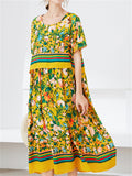 Summer Yellow Round Neck Floral Print Dress for Women