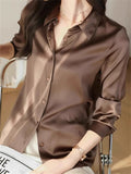Ladies' Elegant Autumn OL Style Solid Color Long-sleeve Satin Shirts