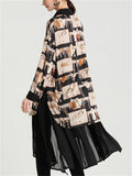 Fashion Animal Print Lapel Pleated Hem Patchwork Shirt for Women