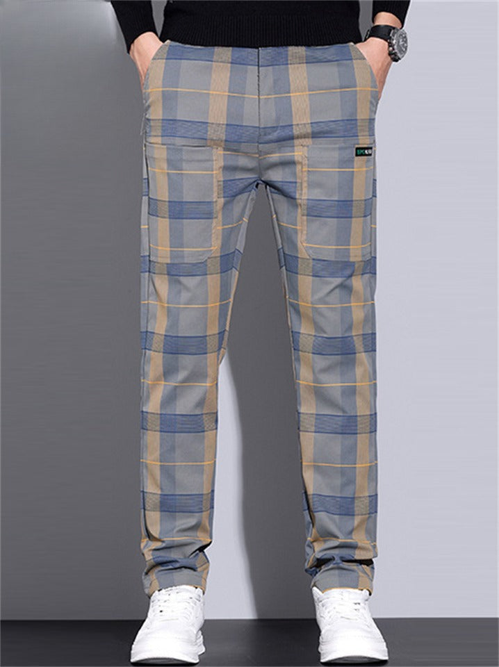 Men's Casual Plaid Elastic Waist Multi-Pocket Straight Fit Pants