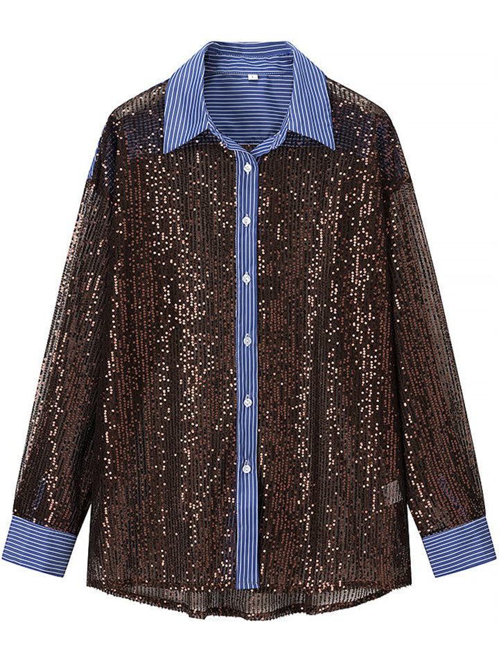 Women's Casual Contrast Color Sequin Lapel Shirts