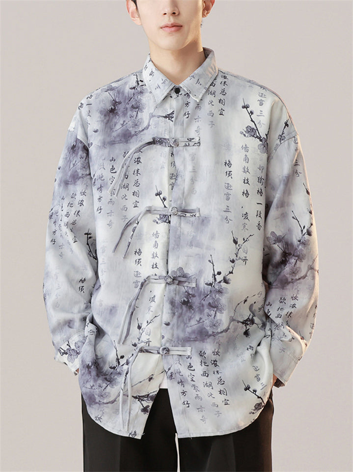 Chinese Style Men's Plum Blossom Hanzi Print Lapel Long Sleeve Shirts