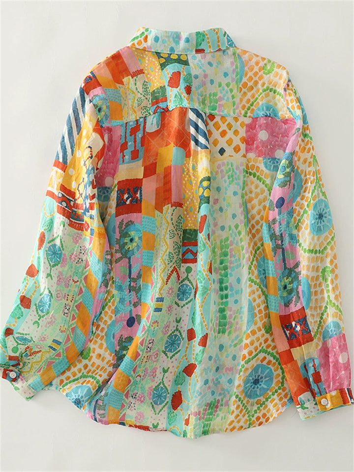 Women's Holiday Style Contrast Color Printed Long Sleeve Shirts