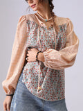 Women's Floral Print Plaid Patchwork Long Sleeve Shirt