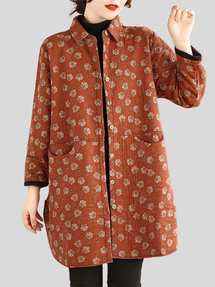 Vintage Floral Print Mid Length Cotton Coat for Women