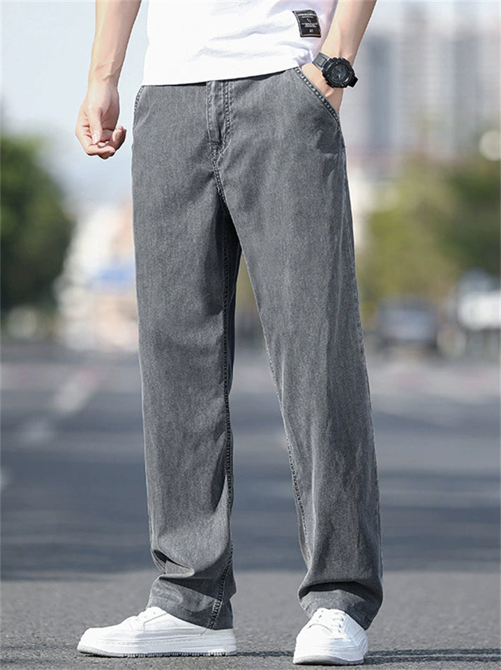 Men Summer Straight Leg Jeans Regular Fit Wash Denim Pants