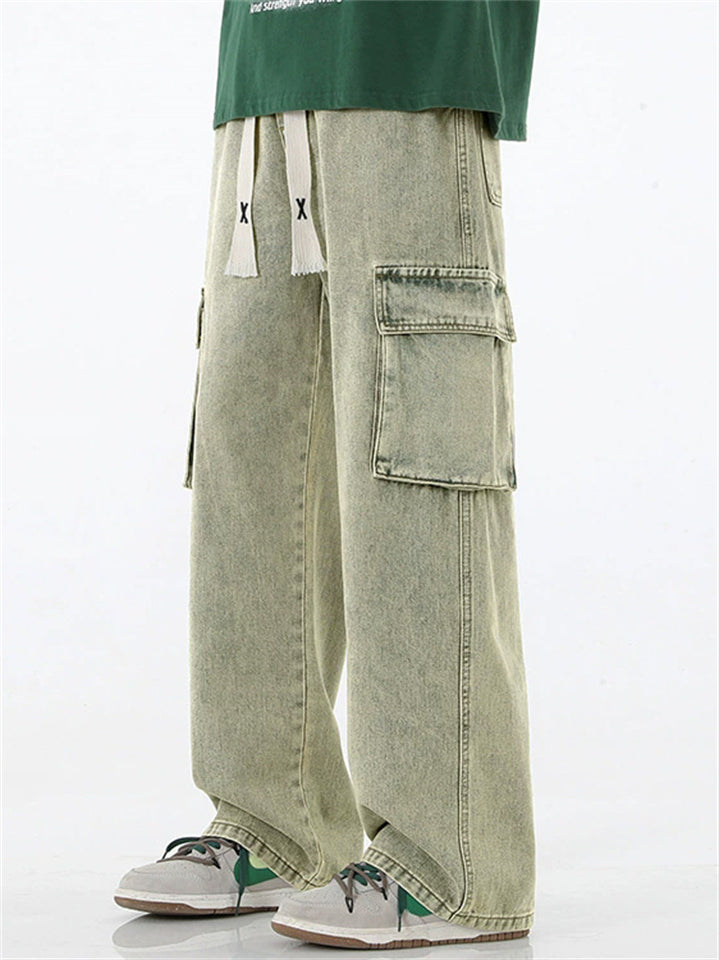 Mens American Style  Wide Leg Cargo Jeans with Utility Pockets