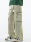 Mens American Style  Wide Leg Cargo Jeans with Utility Pockets