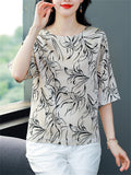 Female Elegant Summer Print O-Neck Half Sleeve Shirt