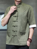 Men's Faux Suede Chinese Kung Fu Short Sleeve Frog Button Shirts