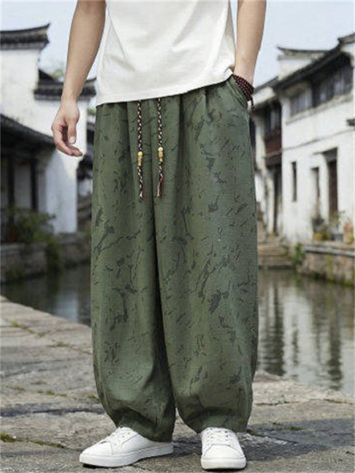 Mens Chinese Style Printed Drawstring Baggy Summer Pants