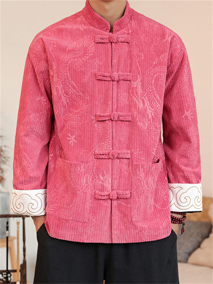 ‌ Men's Vintage Chinese Style Loong Print Corduroy TangSuit Jackets