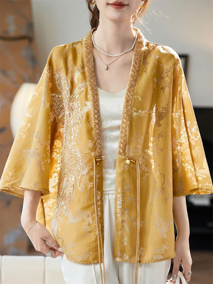 Women's Yellow Beaded BatWing Sleeve Cardigan Shirts