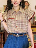 Female's Elegant Retro Plaid Patchwork Lotus Leaf Short-sleeved Shirts