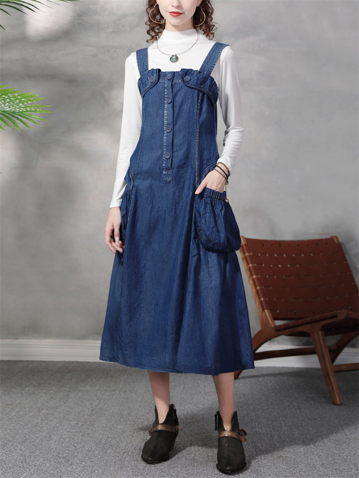 Women's Stylish Blue Denim A-Line Dungaree Dress