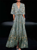 Women's Elegant Contrast Color Floral Printed Half Sleeve Maxi Dress