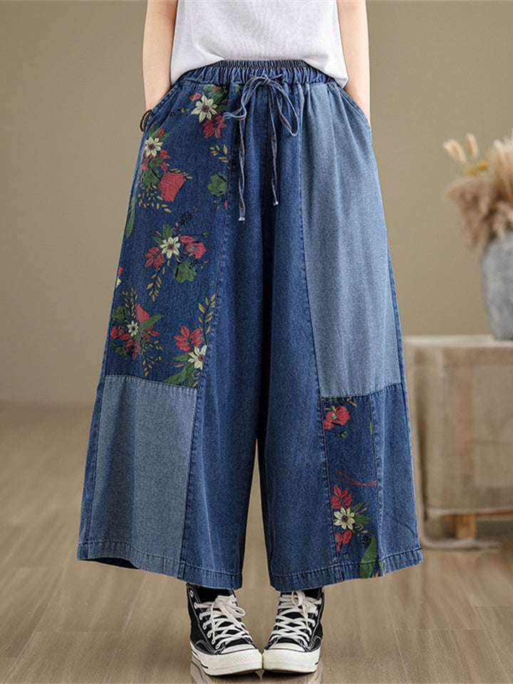 Summer Women's Patchwork Wide Leg Cropped Jeans