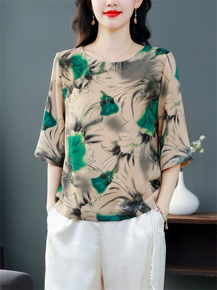 Female Elegant Summer Floral Print O-Neck Half Sleeve Shirt