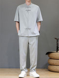 Men's 2Pcs Comfy Stand Collar Short Sleeve Solid Color TangSuit Outfits