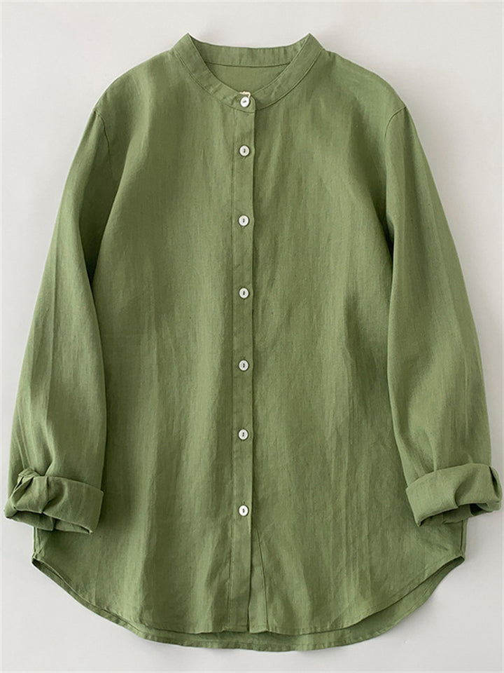 Women's Casual Green Solid Color Stand Collar Long Sleeve Shirts