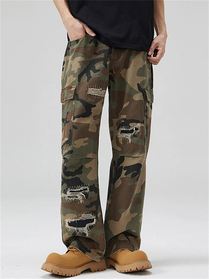 Men Distressed Camo Cargo Reguar Fit Streetwear Pants