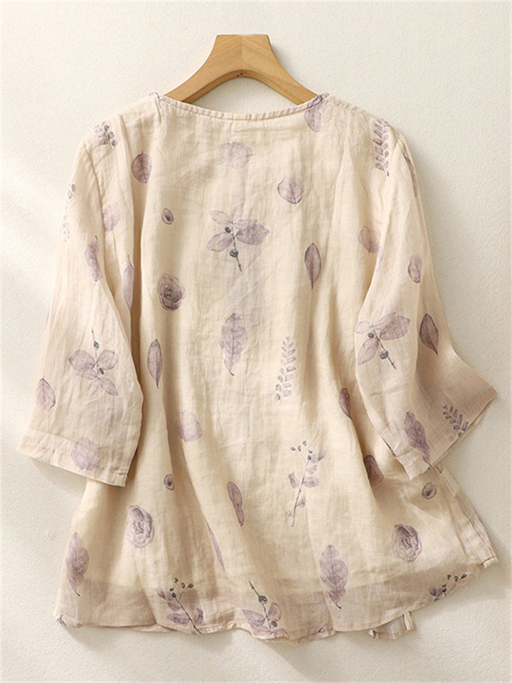 Women's Summer Casual Floral Print Embroidery 3/4 Sleeve Shirt