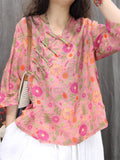 Women's Flowers Print Slant Placket 3/4 Sleeve Shirts