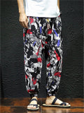 Men's Cotton Linen Print Drawstring Jogger Pants