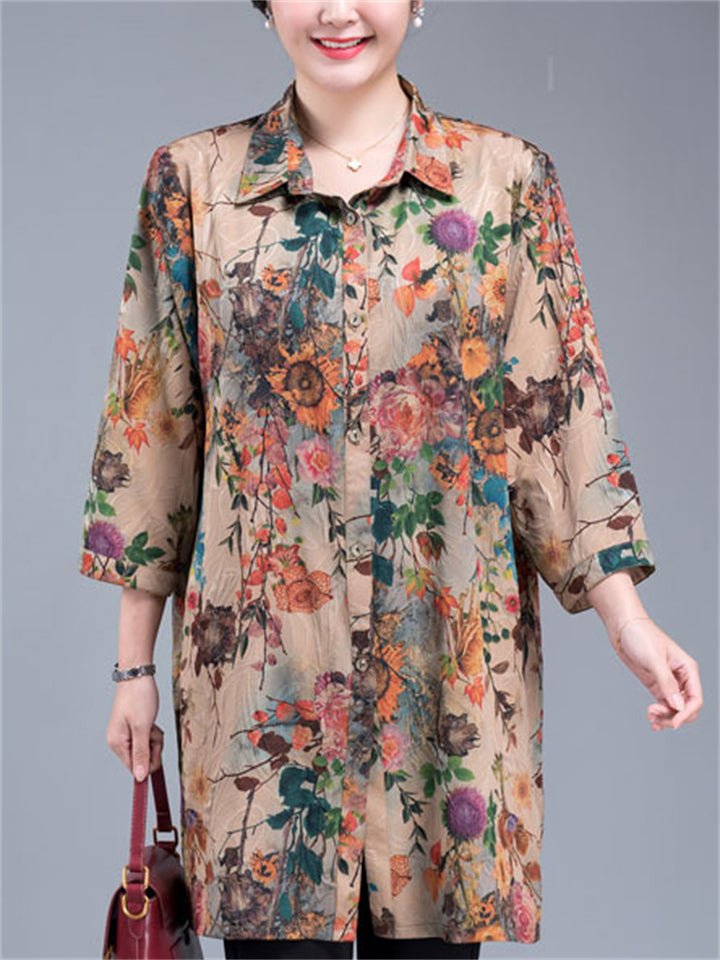 Plus Size Summer Floral Print  3/4 Sleeve Shirt for Women