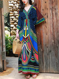 Women's Trendy Ethnic Holiday Style Print V Neck Maxi Dress