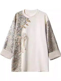 Chinese Style Jacquard Patchwork Round Neck Shirts for Women