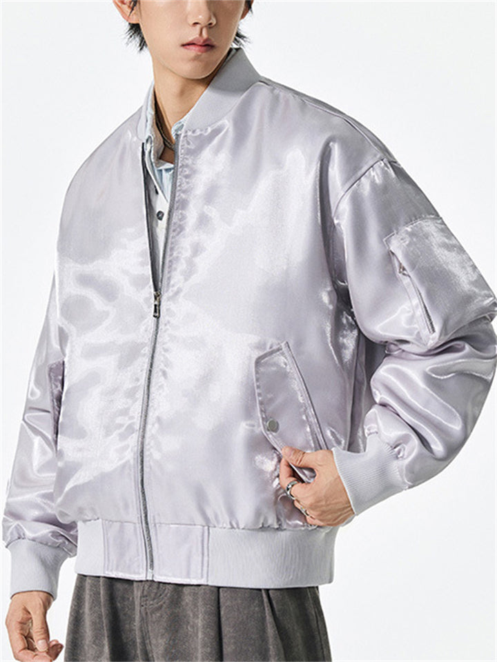 Unisex Retro Street Bling Solid Color Baseball Collar Long Sleeve Jackets