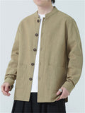 Men's Cotton Linen Mandarin Collar Casual Button Long Sleeve Outwear