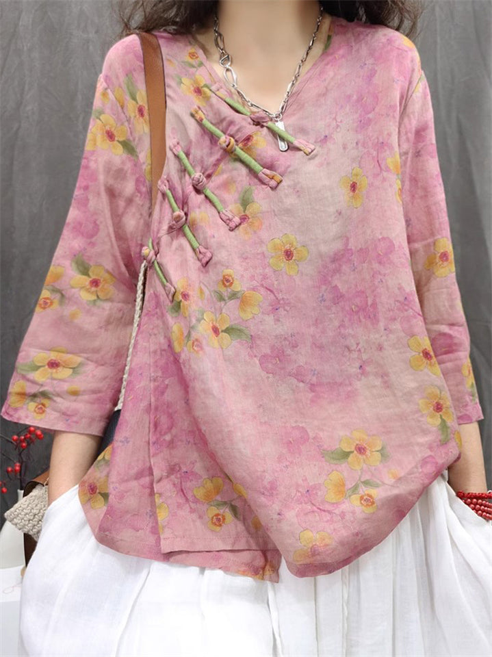 Women's Flowers Print Slant Placket 3/4 Sleeve Shirts