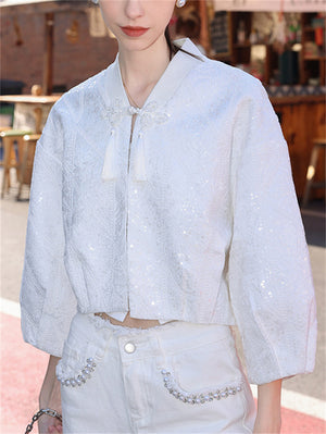 Women's Fashion White Jacquard Frog Button Jacket