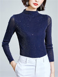 Women's High Neck Bling Solid Color Long-sleeve Undershirt