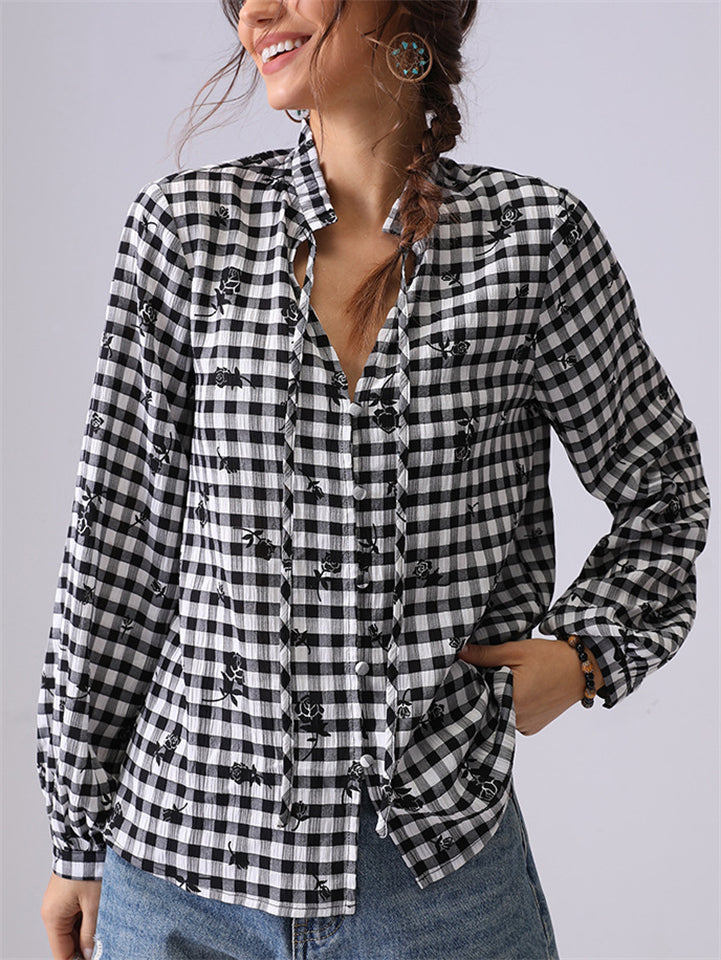 Women's Black White Plaid Long Sleeve Shirt