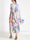 Women's 2Pcs Summer Flowers Print Lapel Satin Top & Pants